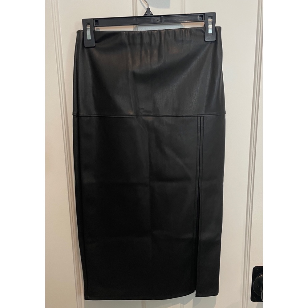 Black faux leather midi skirt with slit